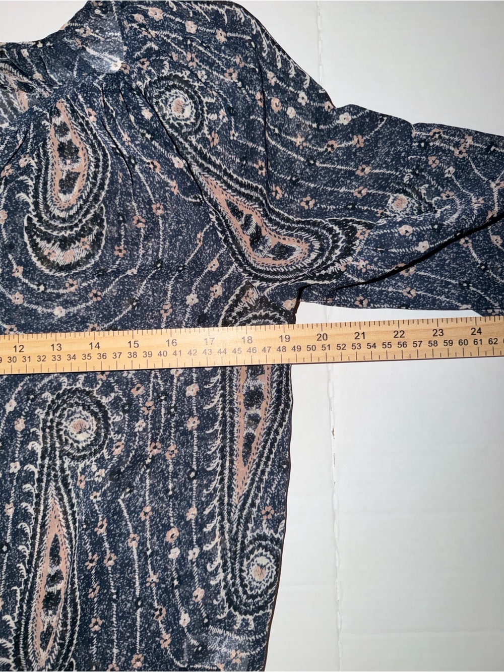 Lucky Brand Paisley V-Neck Blouse in Navy and Blush - Picture 7 of 12